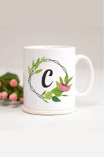 Beyaz C Harfli Yaprak Çerçeveli Baskılı Kupa Bardak