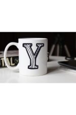 Siyah Beyaz Çizgili Y Harfli Porselen Kupa Tfsbh-027