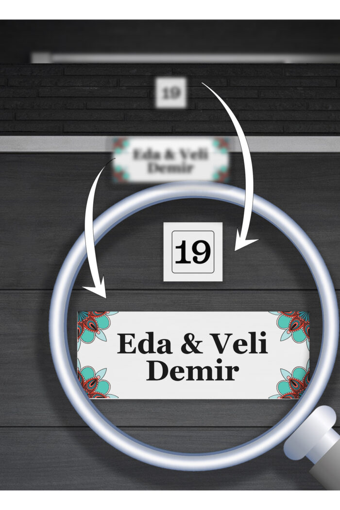 Kişiye Özel Beyaz Metal Kapı İsimliği ve Numarası Seti - Mandala Desenli - Görsel 3