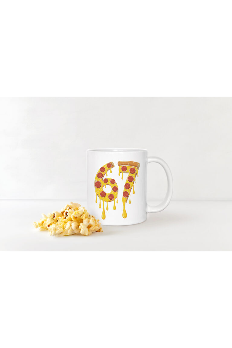 Pizza Temalı 67 Yazılı Kupa - Erimiş Peynir ve Pepperoni Desenli Porselen Bardak - Görsel 2