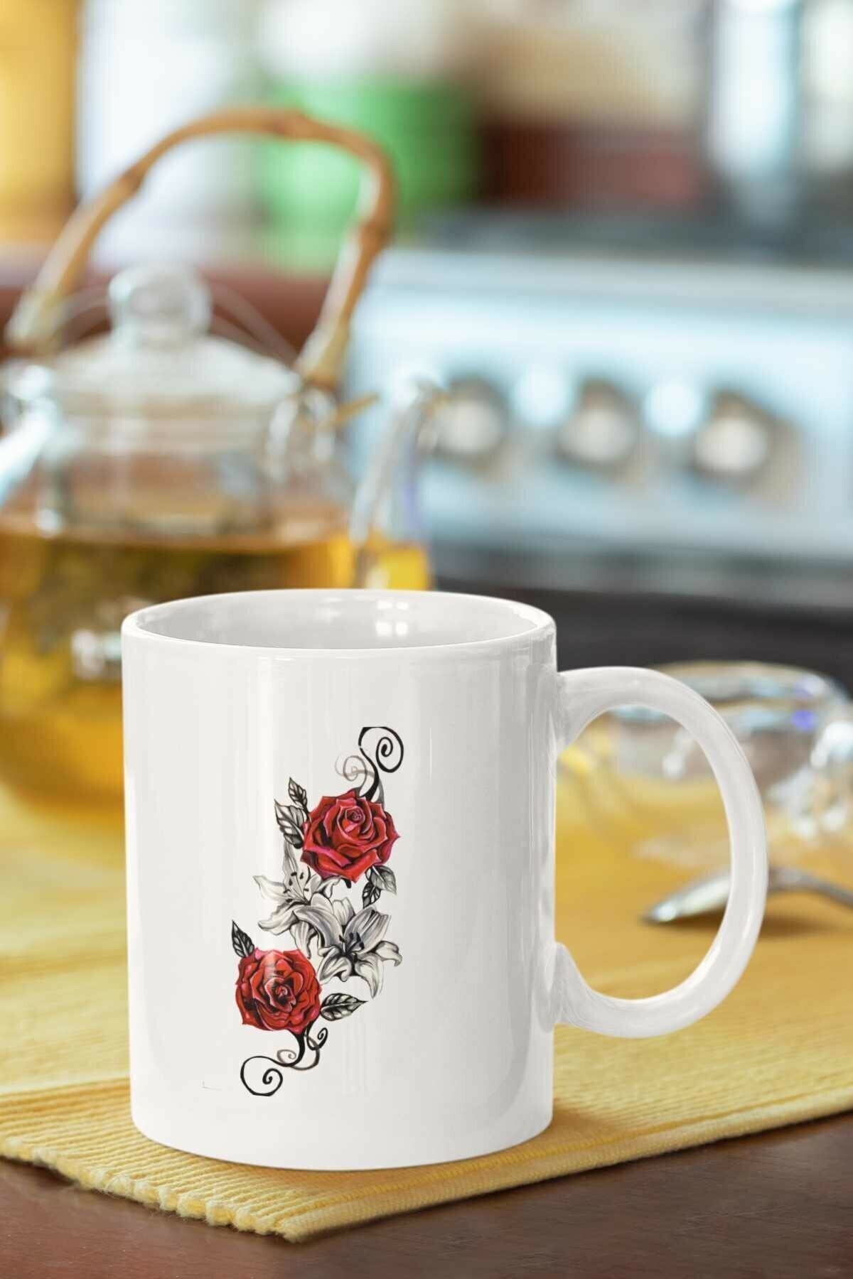 1_org_zoom-432.jpg Kırmızı Gül Baskılı Porselen Kupa - Görsel 1