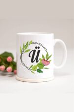 Ü Harfli Yaprak Çerçeveli Baskılı Kupa Bardak