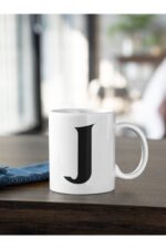 J Harfi Siyah Baskılı Kupa Beyaz Porselen