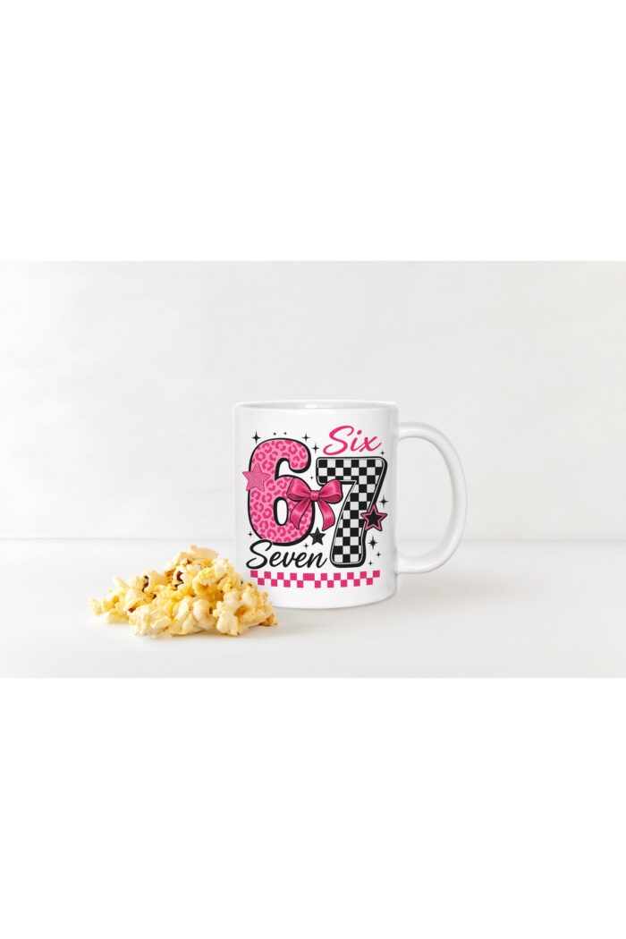 67 Yazılı Pembe Leopar ve Fiyonklu Kupa - Popüler Preppy Aesthetic Bardak - Görsel 2