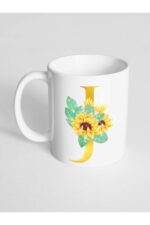 J Harfi Baskılı Çiçek Desenli Dekoratif - Baş Harf Baskılı Kupa Bardak