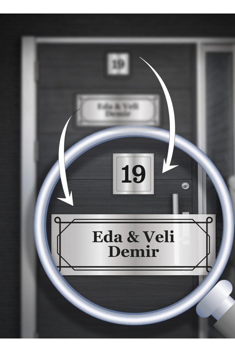 Kişiye Özel Kapı Tabelası | Alüminyum 15x5 cm | Geometrik Çerçeveli Tasarım | İsim + Numara - Görsel 3