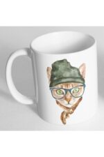 Yeşil Bereli Fularlı Kedi Baskılı Kupa Bardak