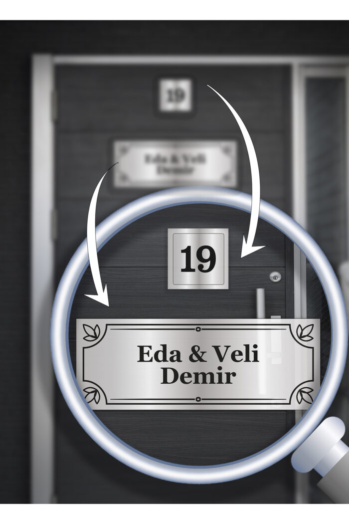Alüminyum Kapı İsimliği | Kişiye Özel | 15x5 cm İsim + 5x5 cm Numara | Zarif Desenli - Görsel 3